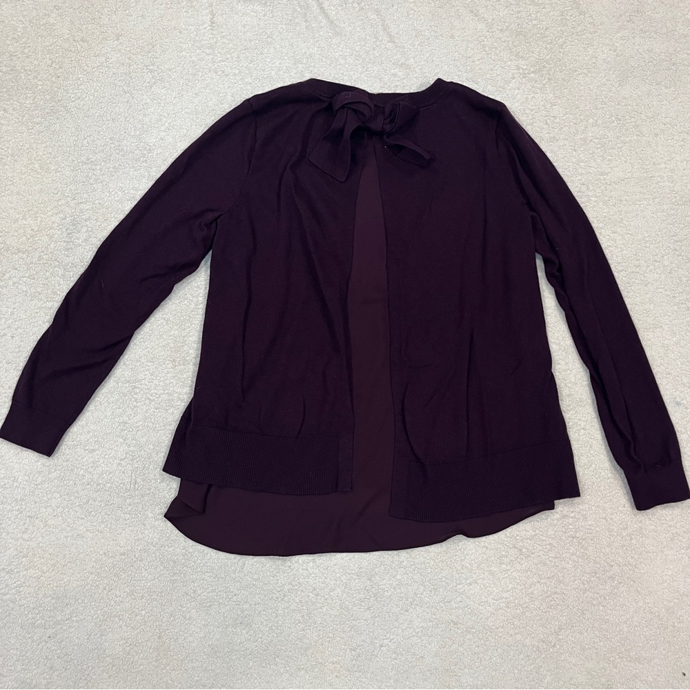 LOFT Womens Crewneck Knit Sweater Chiffon Bow Back detail Size Medium Purple